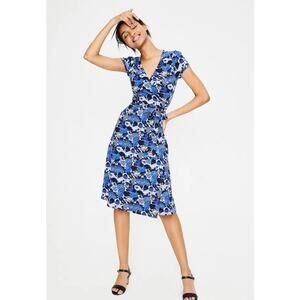 Boden Wrap Floral Jersey Dress Womens 8L Viscose Preppy Blue/Black Casual Office